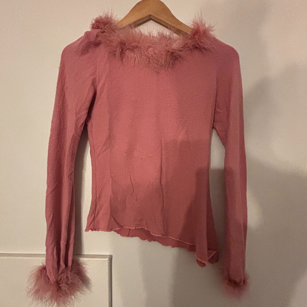 Ezen Pink Fuzzy Trim Top Women Y2K 90s Coquette Barbiecore